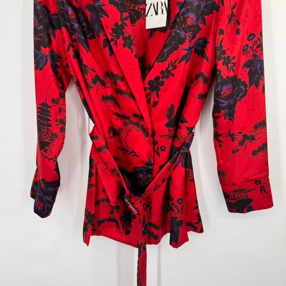 Zara Red Floral Wrap blouse Jacket Womens size Medium Asian pattern belted new - Picture 6 of 13